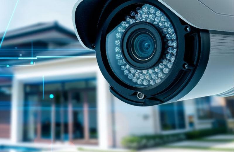 HD IP security camera covering a commercial building entrance