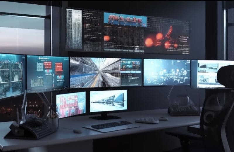 Multi-screen command center displaying live commercial video surveillance feeds